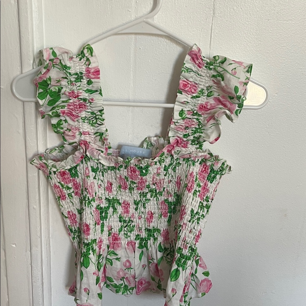 Hill House Green and Pink Floral Smocked Top